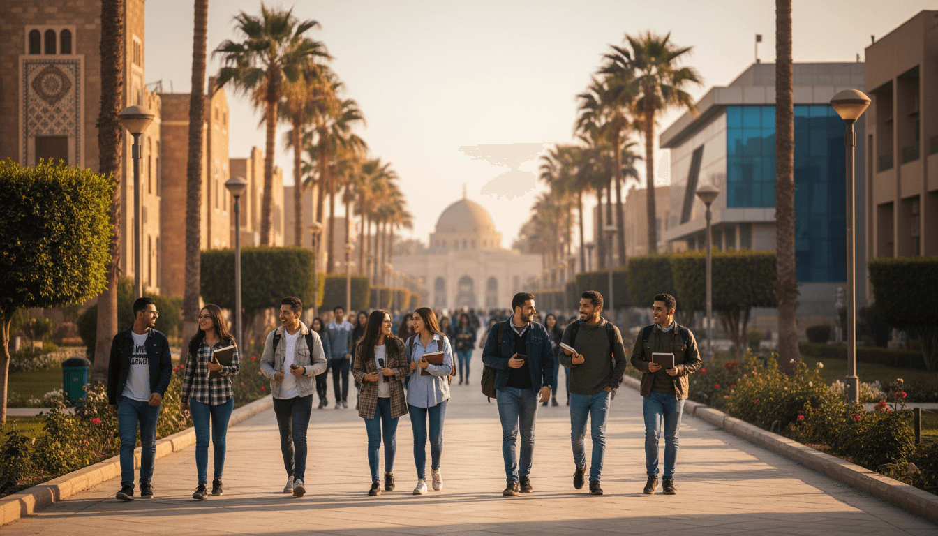 طلاب جامعيون يمشون معاً في حرم جامعي مصري جميل أثناء وقت الغروب