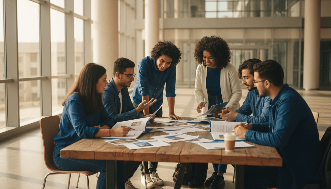 طلاب الثانوية العامة يناقشون خياراتهم الجامعية في حرم جامعي حديث