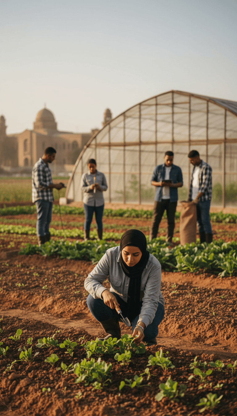 طلاب يعملون في بحث زراعي عملي بجامعة مصرية