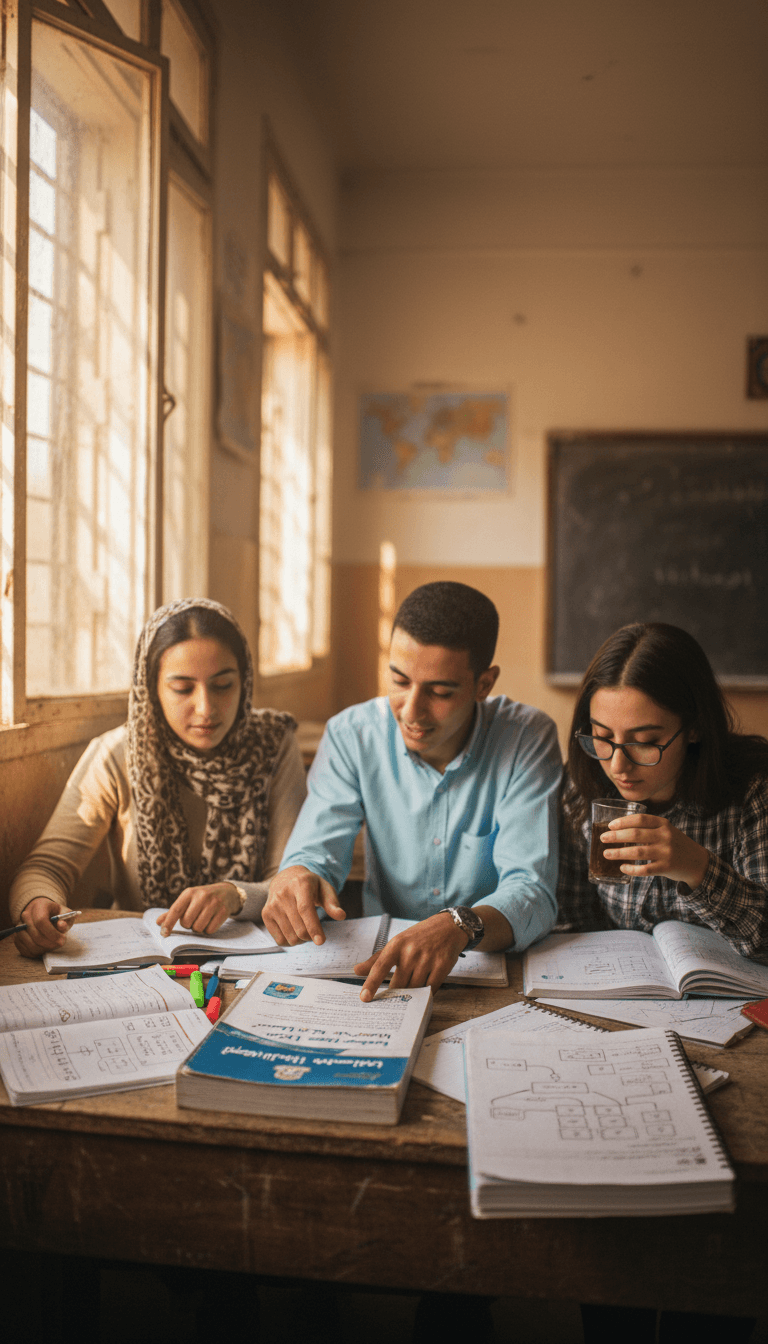 طلاب يدرسون معاً المعلومات عن تنسيق كلية التربية