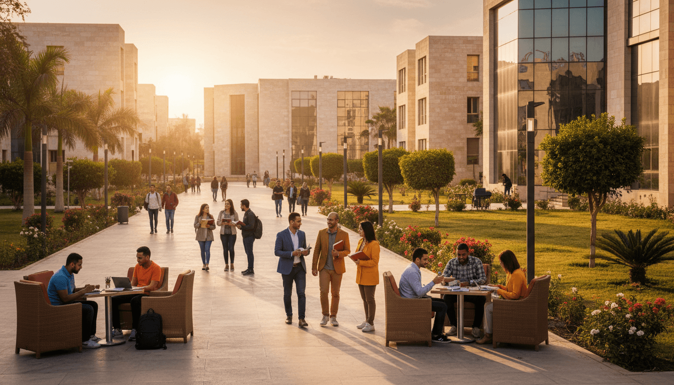 طلاب جامعيون يدرسون في حرم جامعي حديث