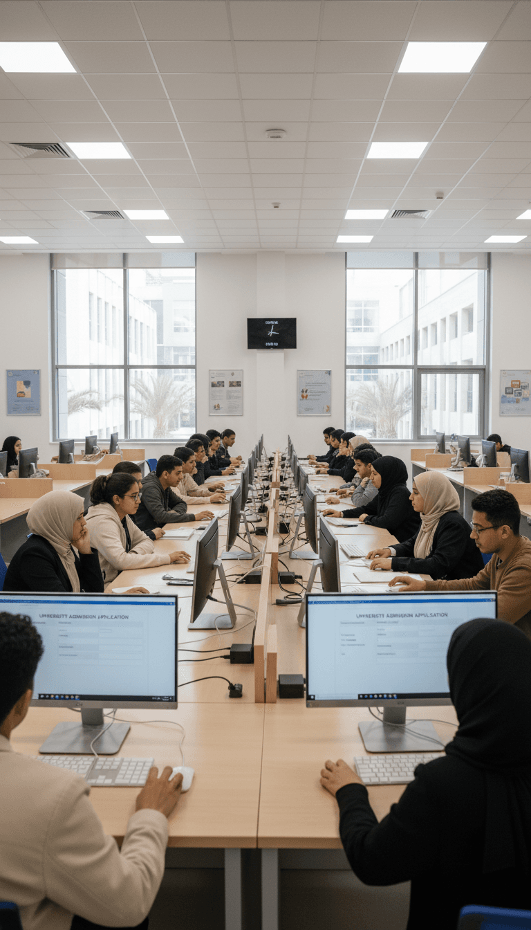طلاب مصريون يملؤون استمارات التقديم للجامعة على جهاز كمبيوتر في فصل دراسي حديث