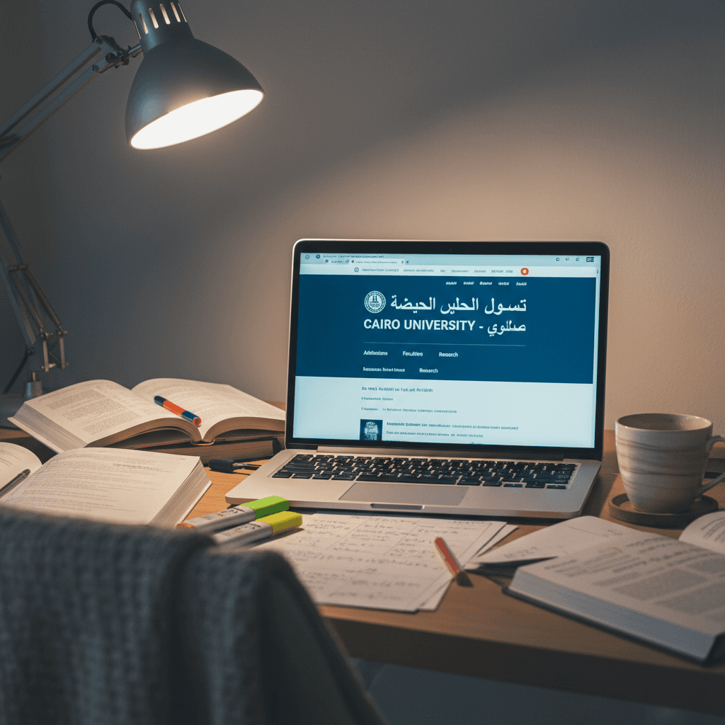 شاشة لابتوب تعرض موقع جامعة مصرية وكوب قهوة بجانبه