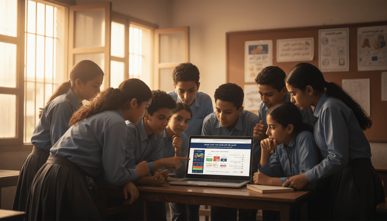 Egyptian secondary school students gathered around a laptop screen showing university rankings and coordination results