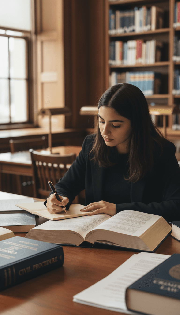 طالبة قانون تدرس الكتب القانونية في مكتبة الجامعة