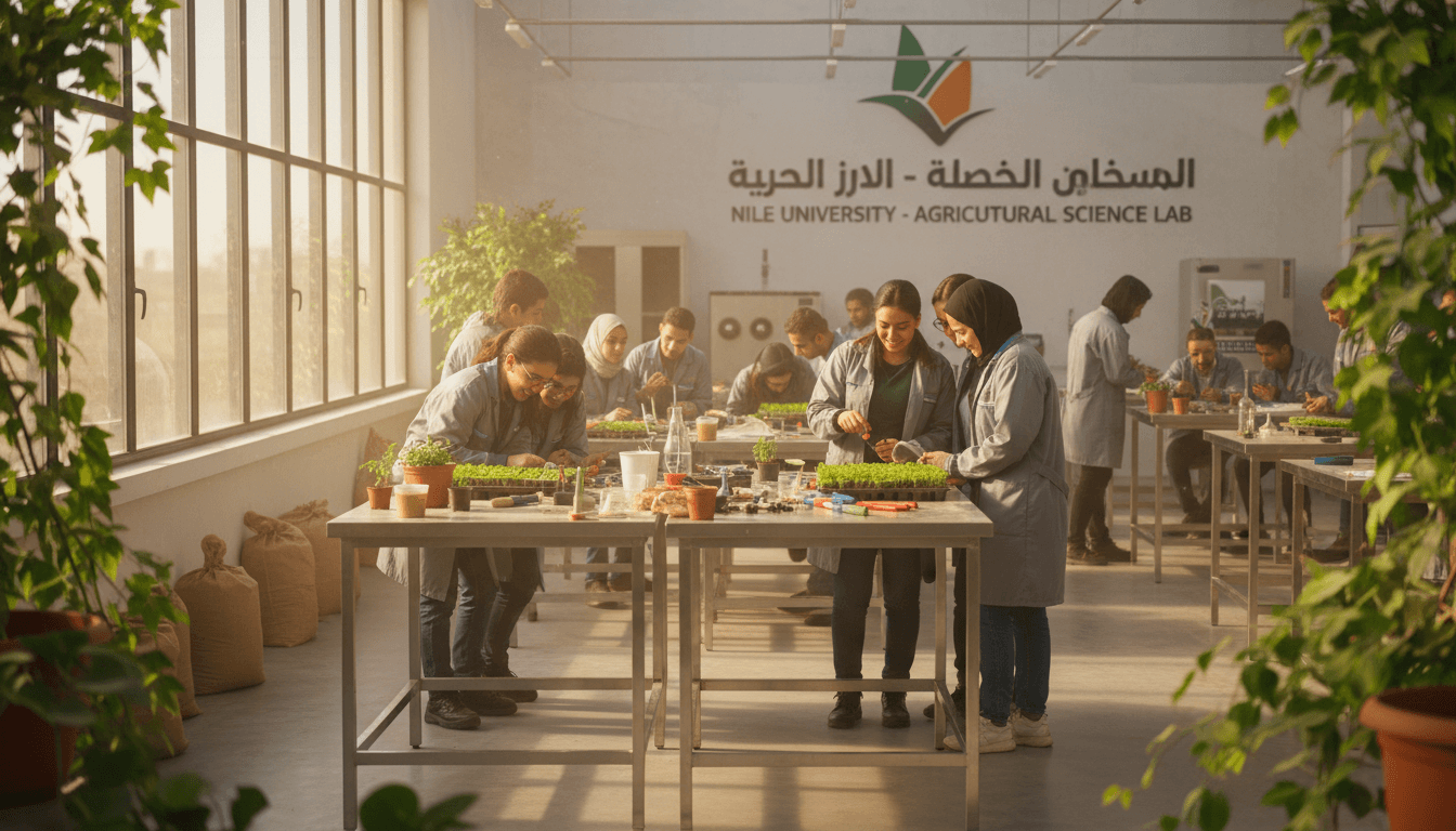 طلاب الزراعة يعملون معاً في مختبر جامعي حديث