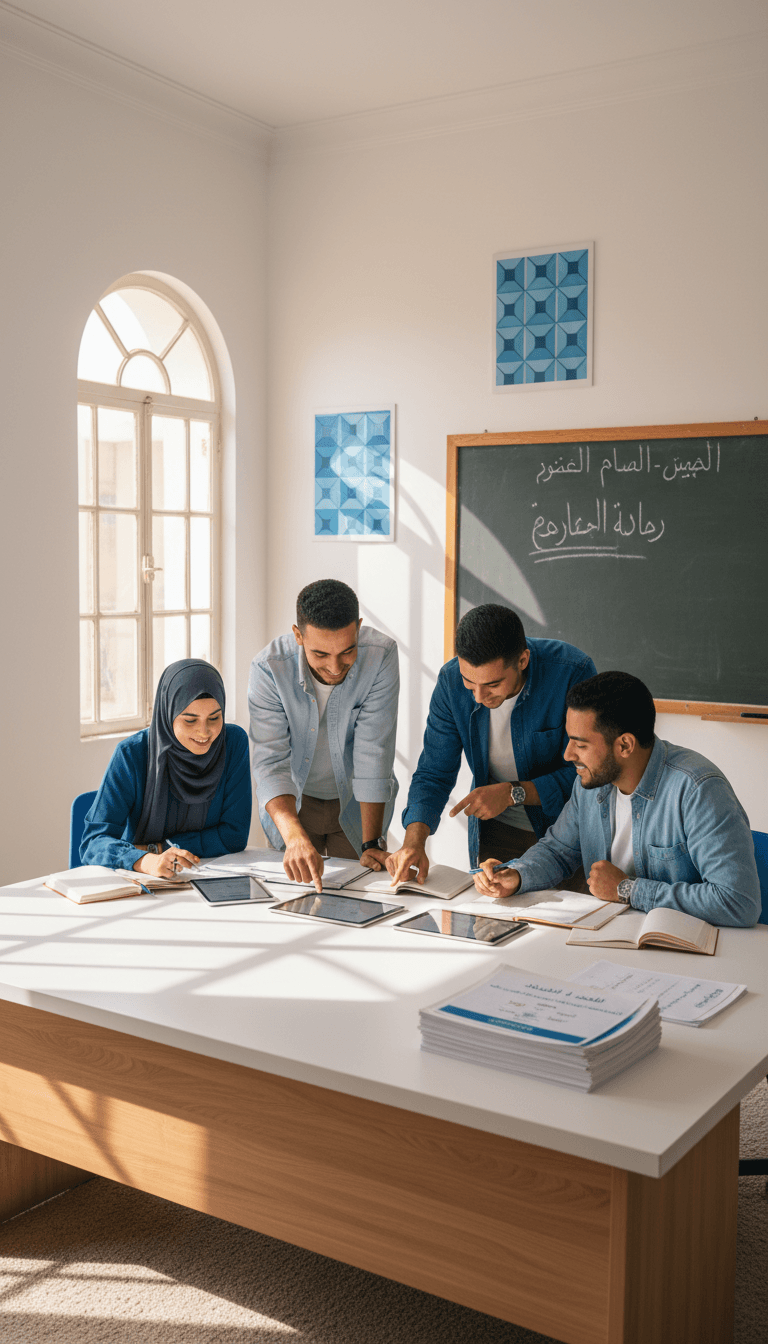 طلاب يراجعون معلومات التنسيق والتخصصات في بيئة دراسية منظمة