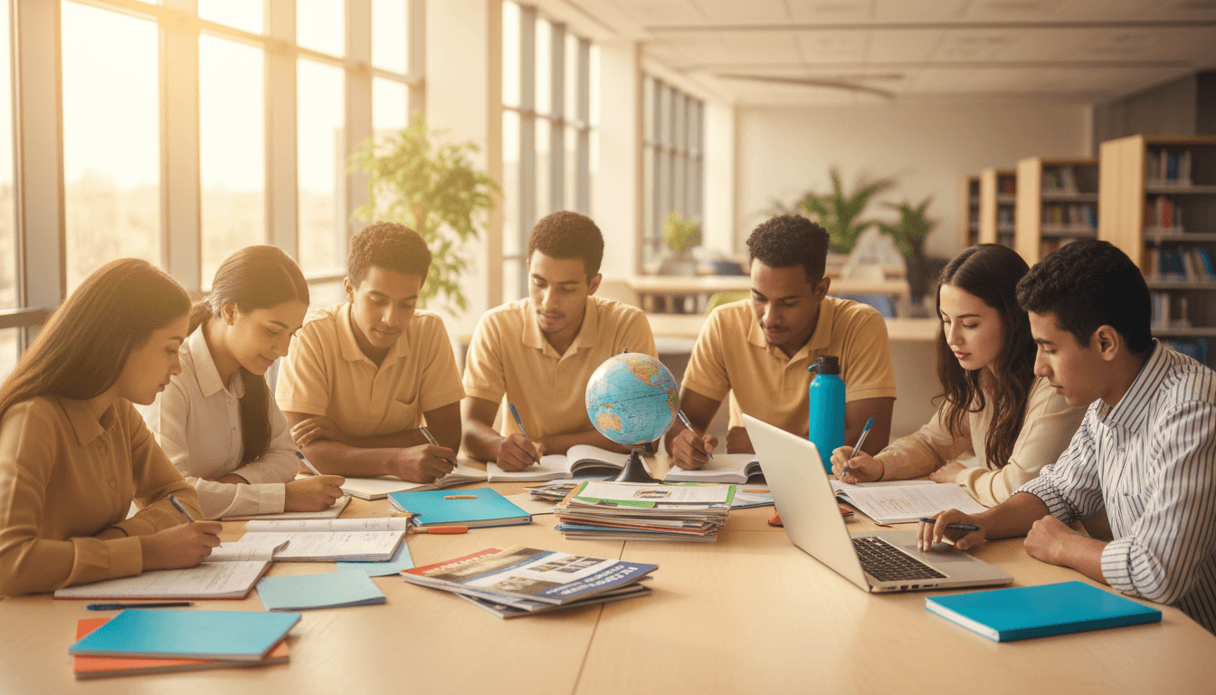 طلاب يدرسون معاً ويراجعون التخصصات الجامعية