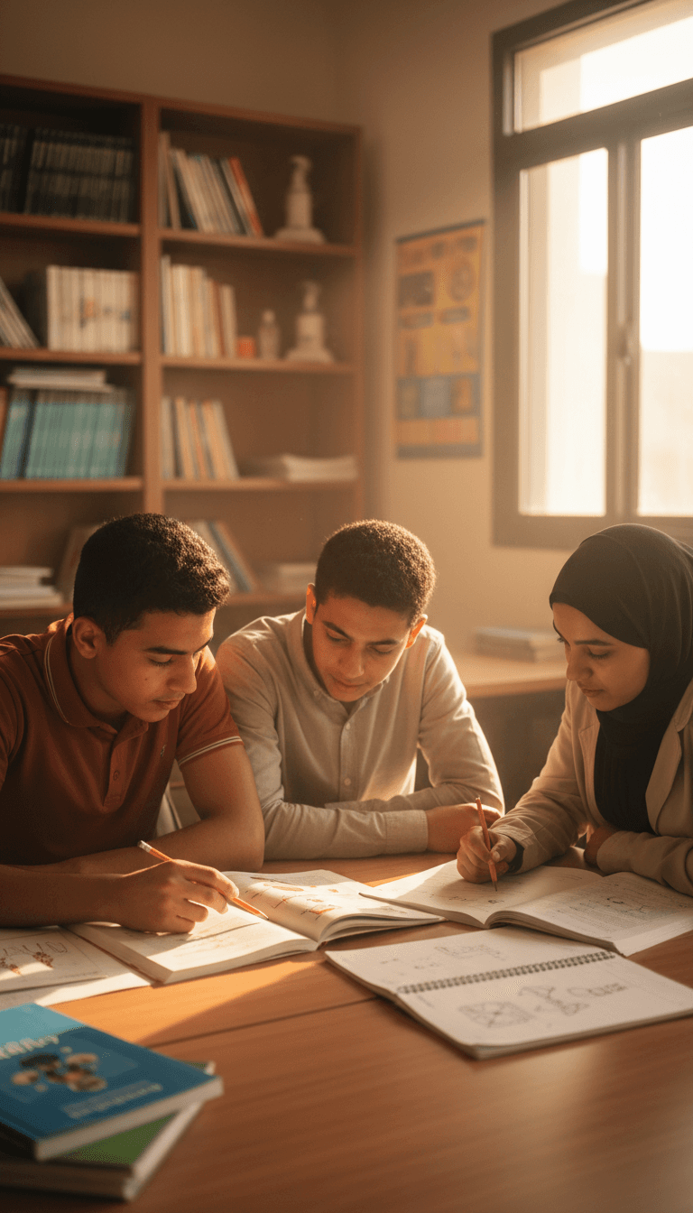 طلاب يدرسون مواد العلوم معاً في الفصل