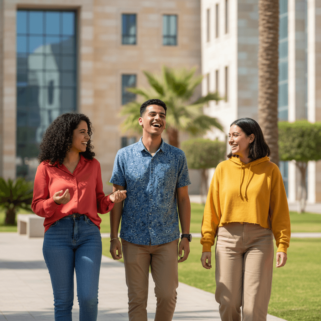 مجموعة من طلاب الجامعة يسيرون معاً بثقة