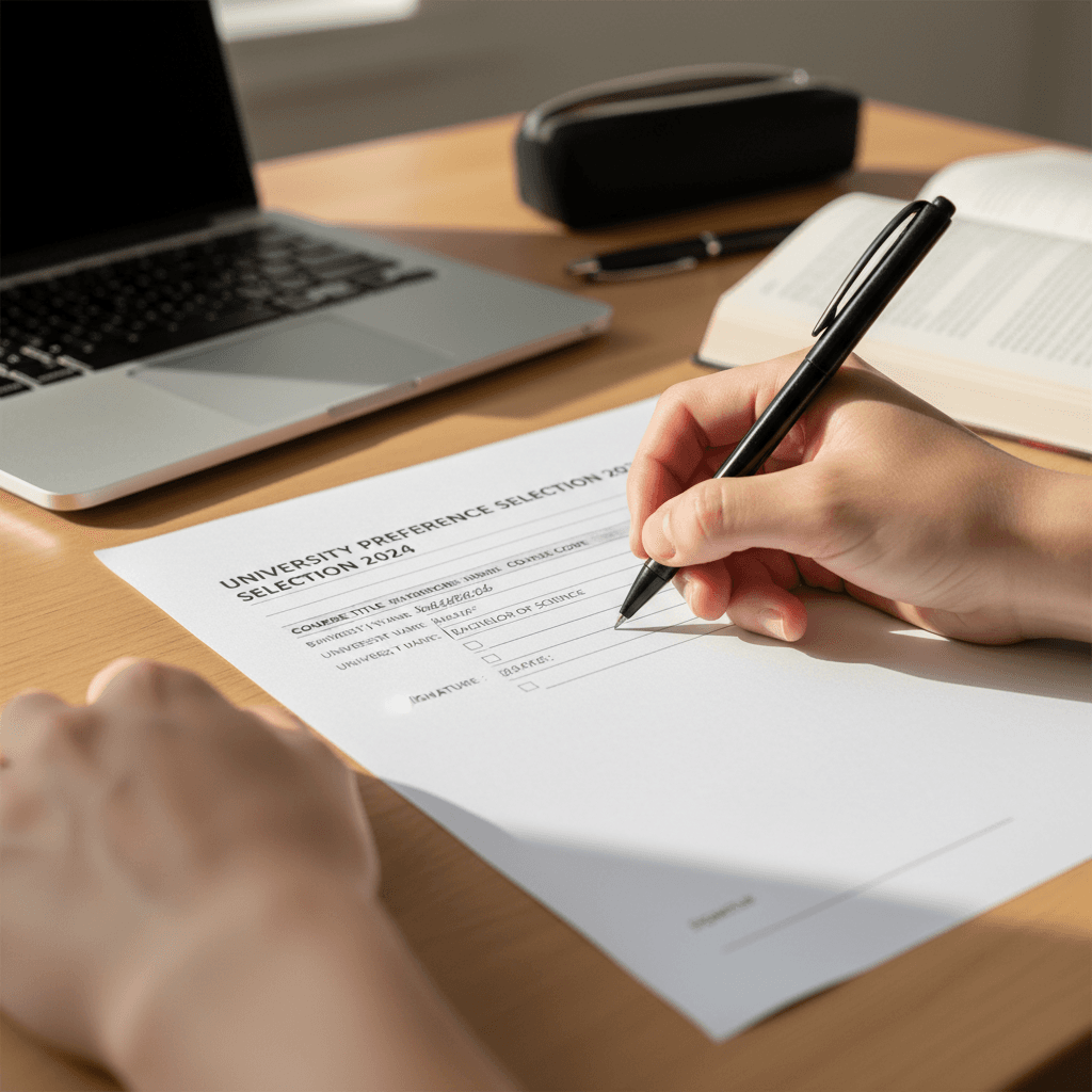 أيدي تملأ استمارة ترتيب رغبات الكليات على ورقة