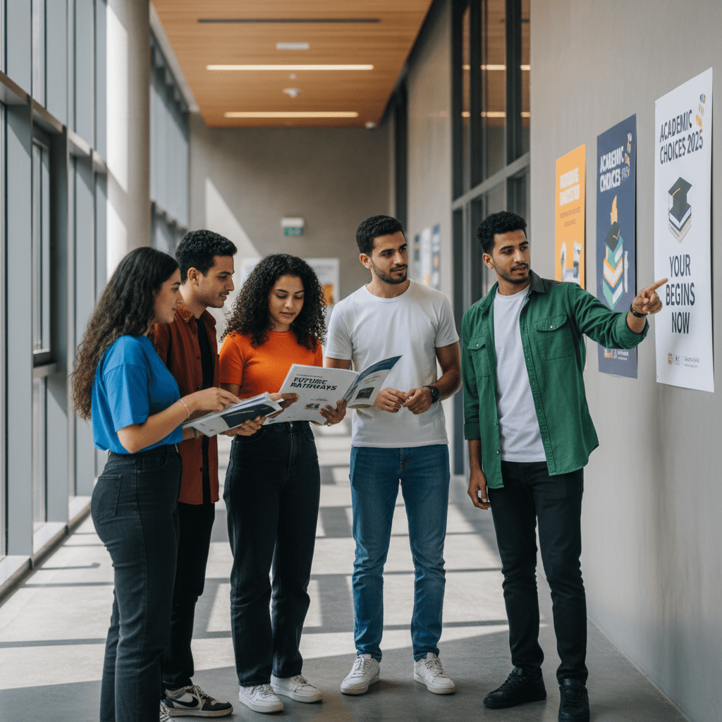 مجموعة طلاب يناقشون خياراتهم الأكاديمية