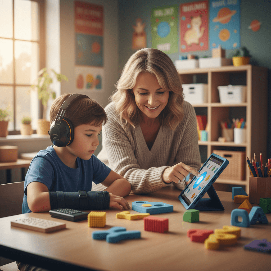 متخصص التربية الخاصة يعمل مع طالب في جلسة تعليمية مخصصة