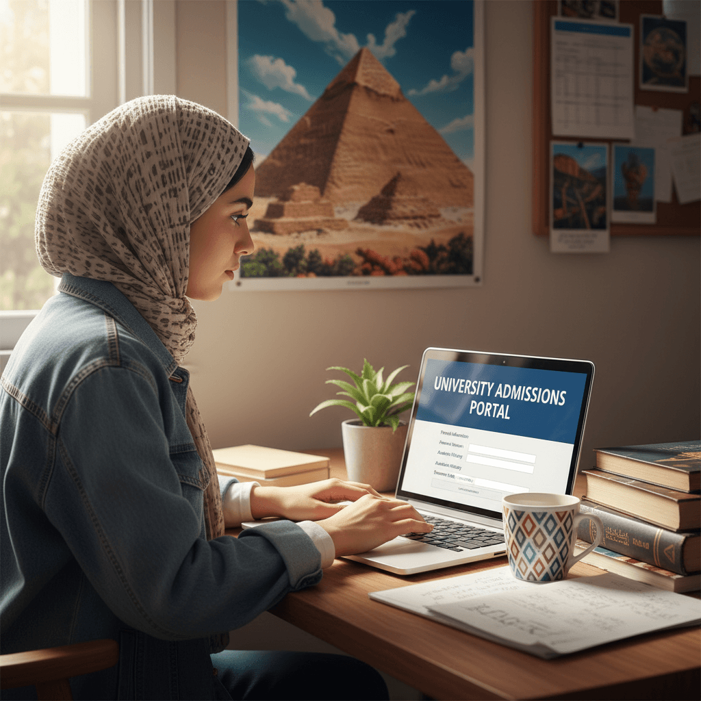 طالب يستخدم اللابتوب لتقديم طلب الالتحاق بالجامعة