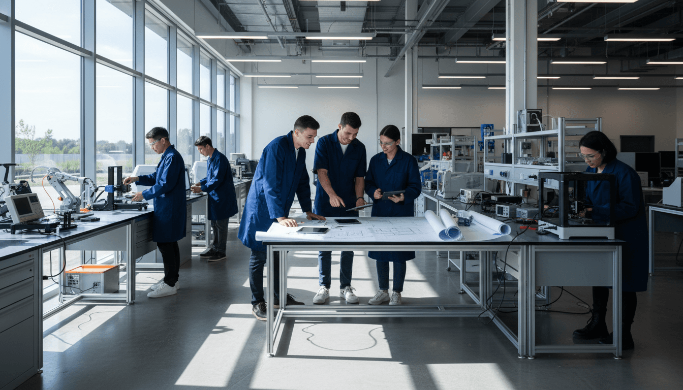 طلاب هندسة يعملون على مشروع تقني في مختبر حديث
