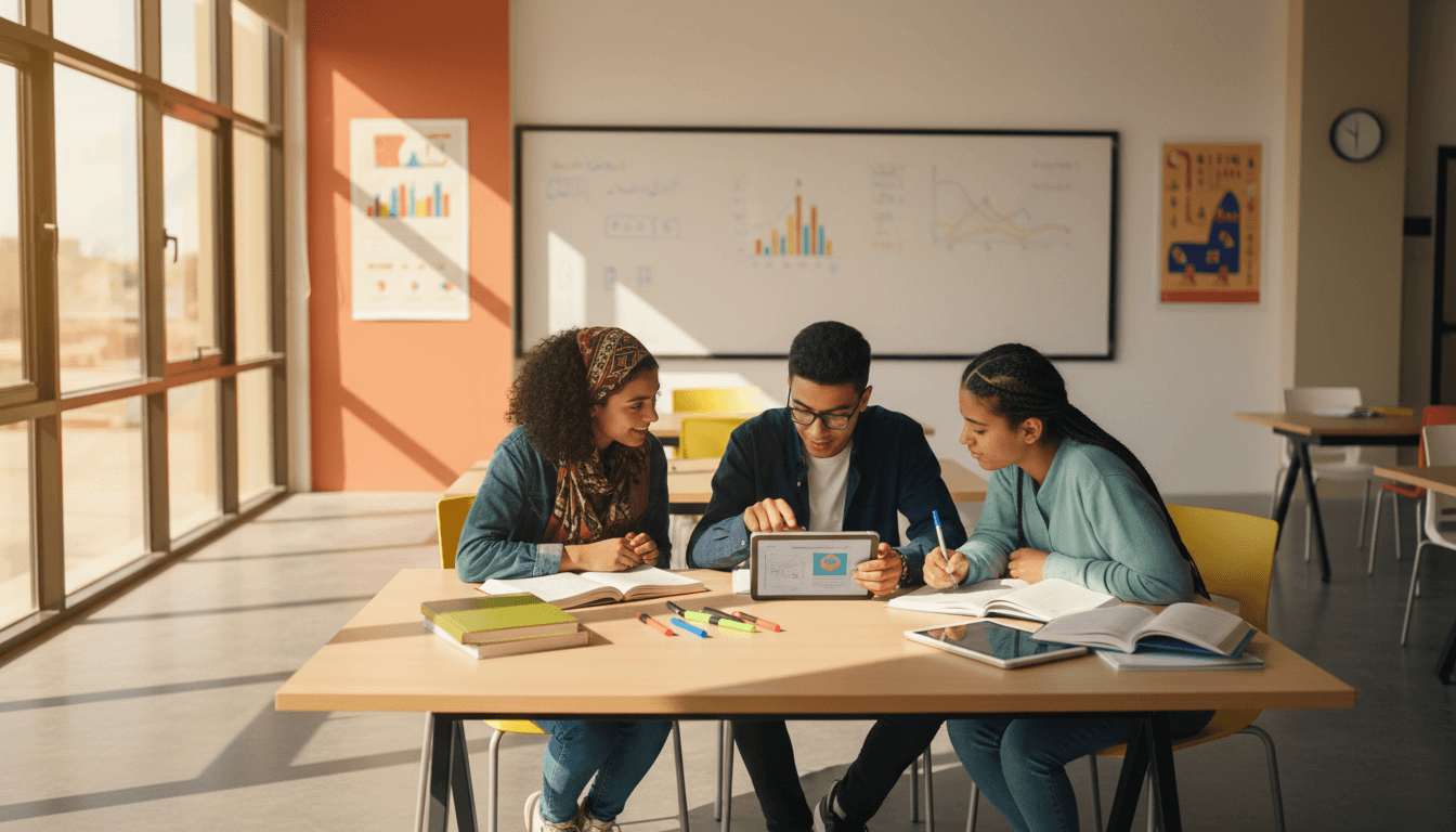 طلاب مصريون يدرسون معاً حول طاولة مع مواد تعليمية وأجهزة لوحية في بيئة أكاديمية حديثة مشرقة