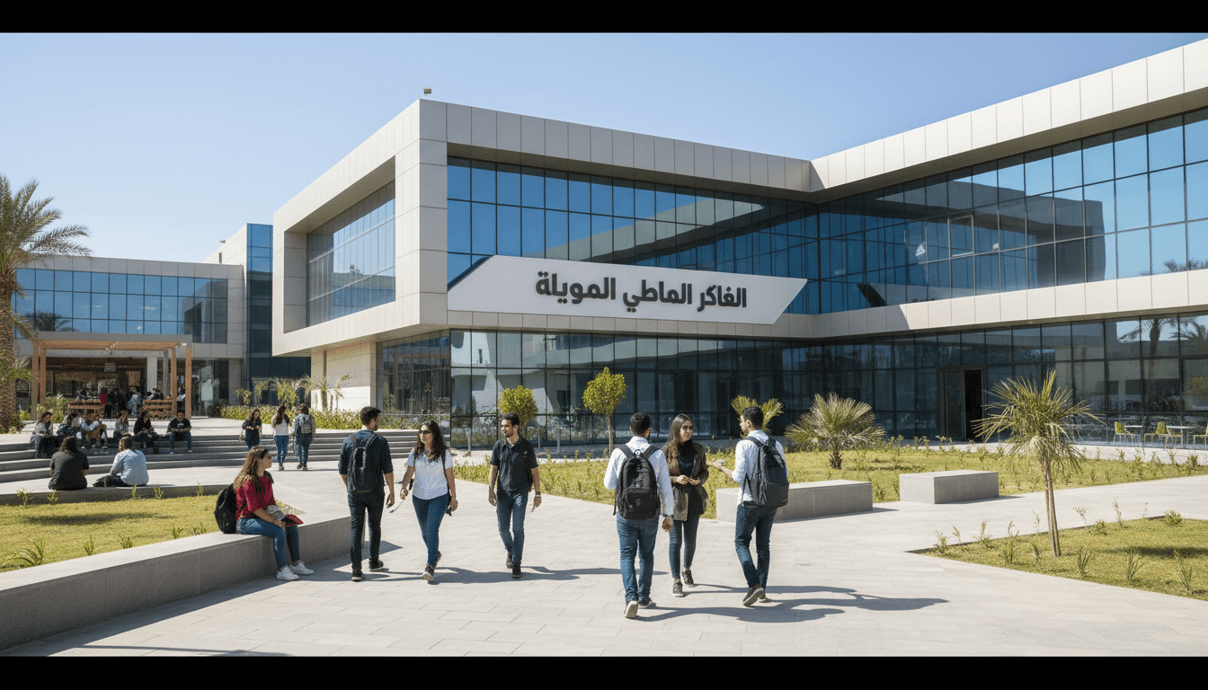 صورة لمبنى كلية التجارة الحديثة مع طلاب في الحرم الجامعي