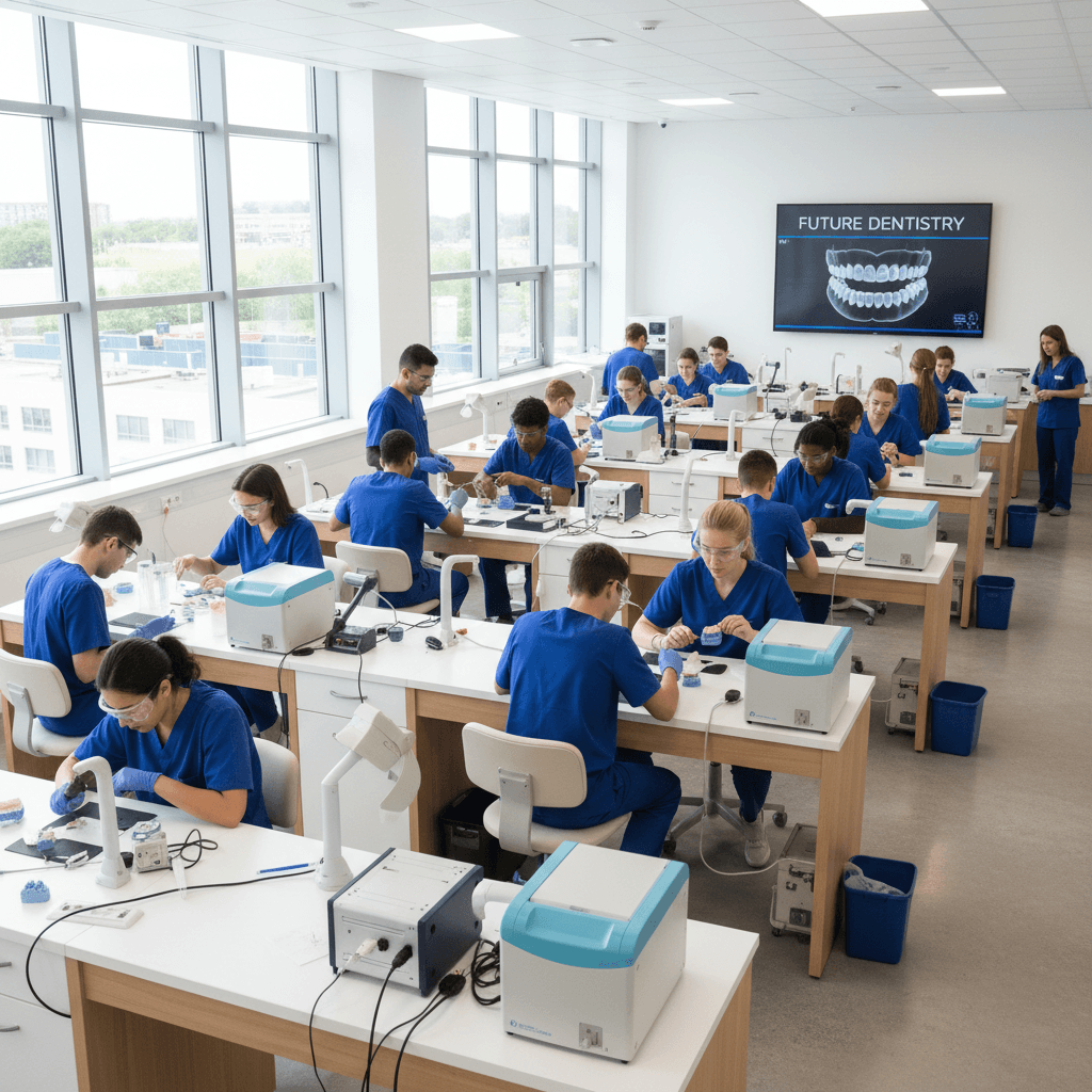 فصل دراسي حديث لطلاب طب الأسنان يعملون معاً