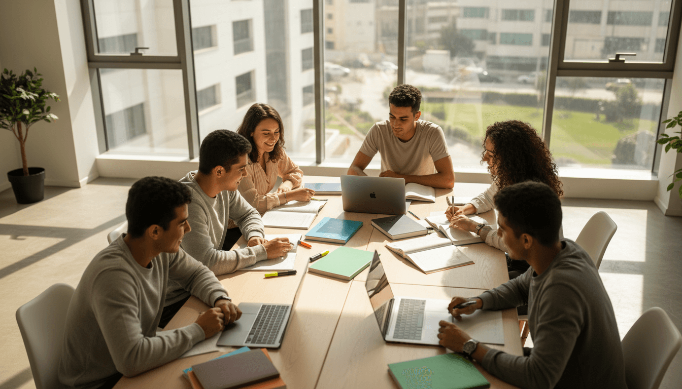 مجموعة من طلاب الثانوية العامة يدرسون معاً ويناقشون اختيار التخصص في بيئة دراسية حديثة مضاءة بضوء طبيعي دافئ