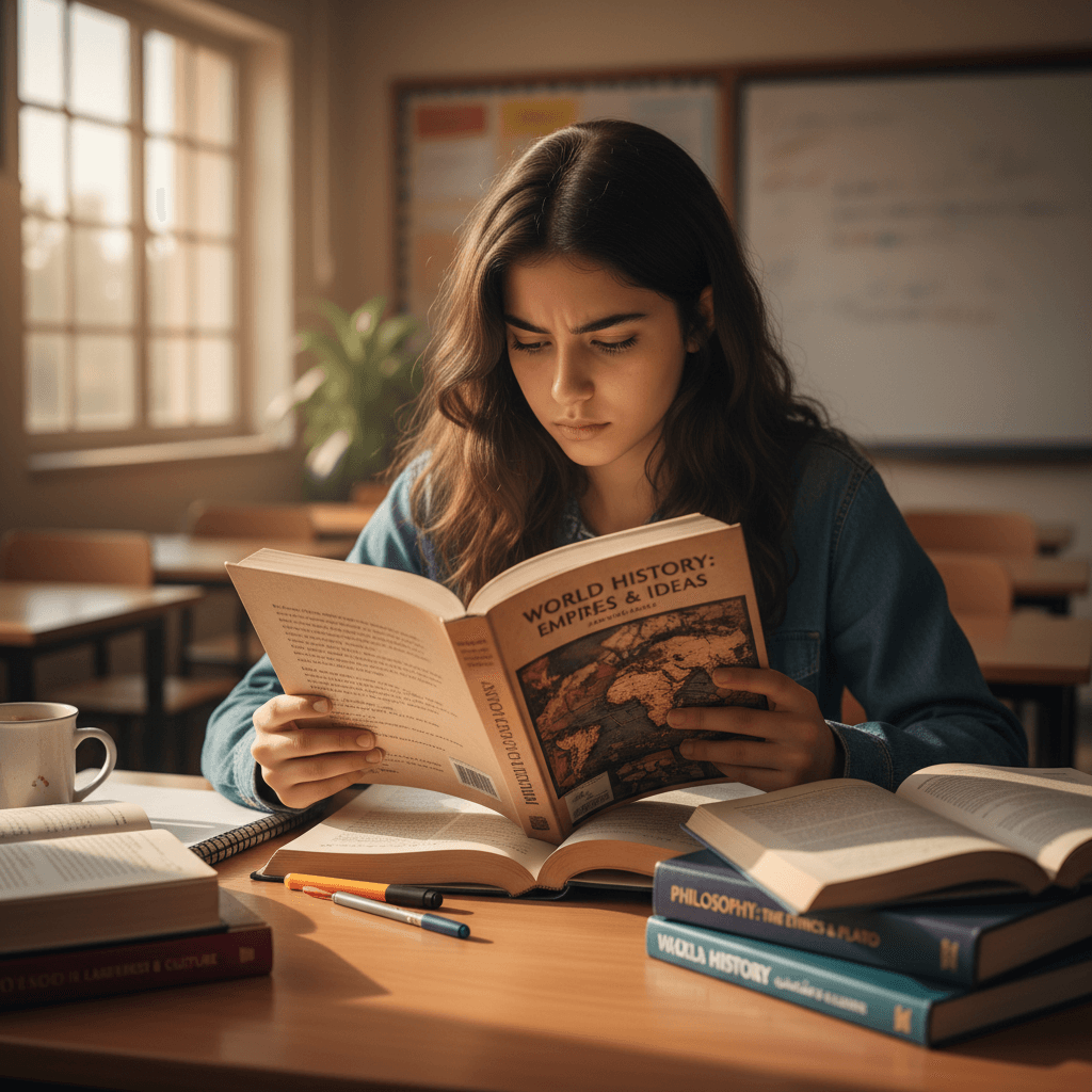 طالبة تدرس مواد الآداب في بيئة دراسية