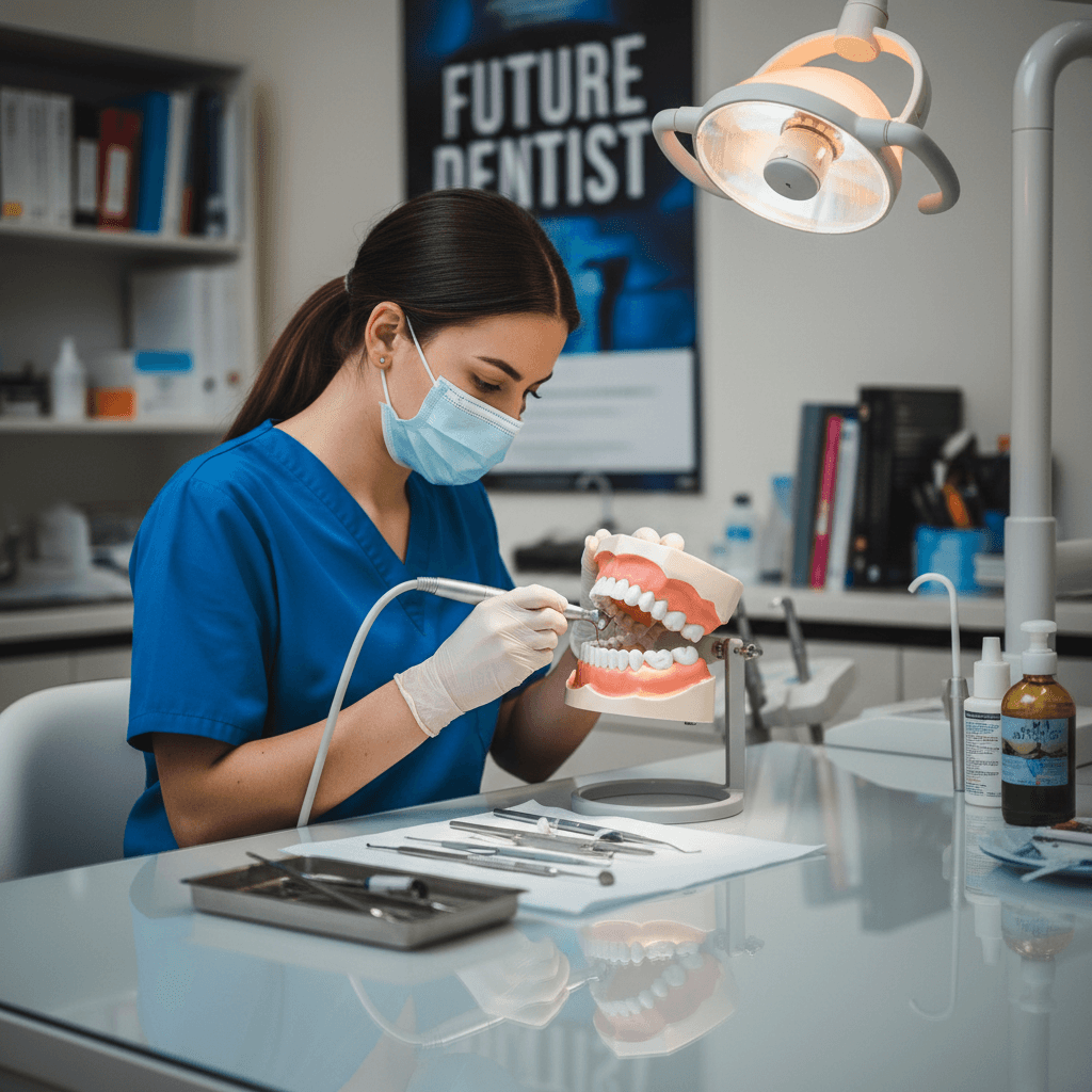 طالب طب أسنان يتدرب على نموذج أسنان وأدوات طب الأسنان