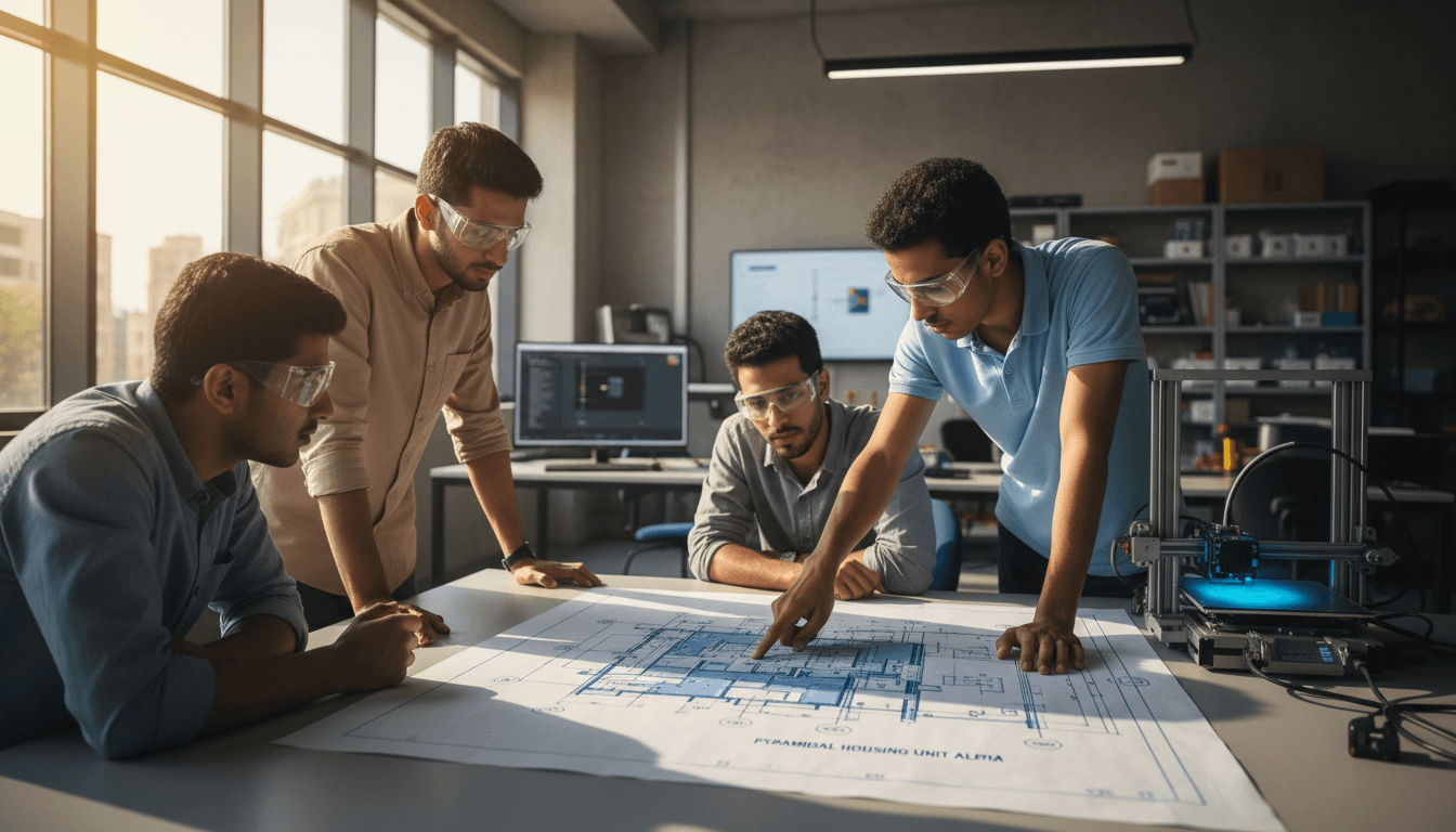 طلاب هندسة مصريون يعملون معاً على مشروع هندسي في بيئة حديثة