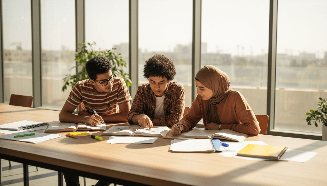 طلاب وطالبات يدرسون معاً في بيئة حديثة مشرقة