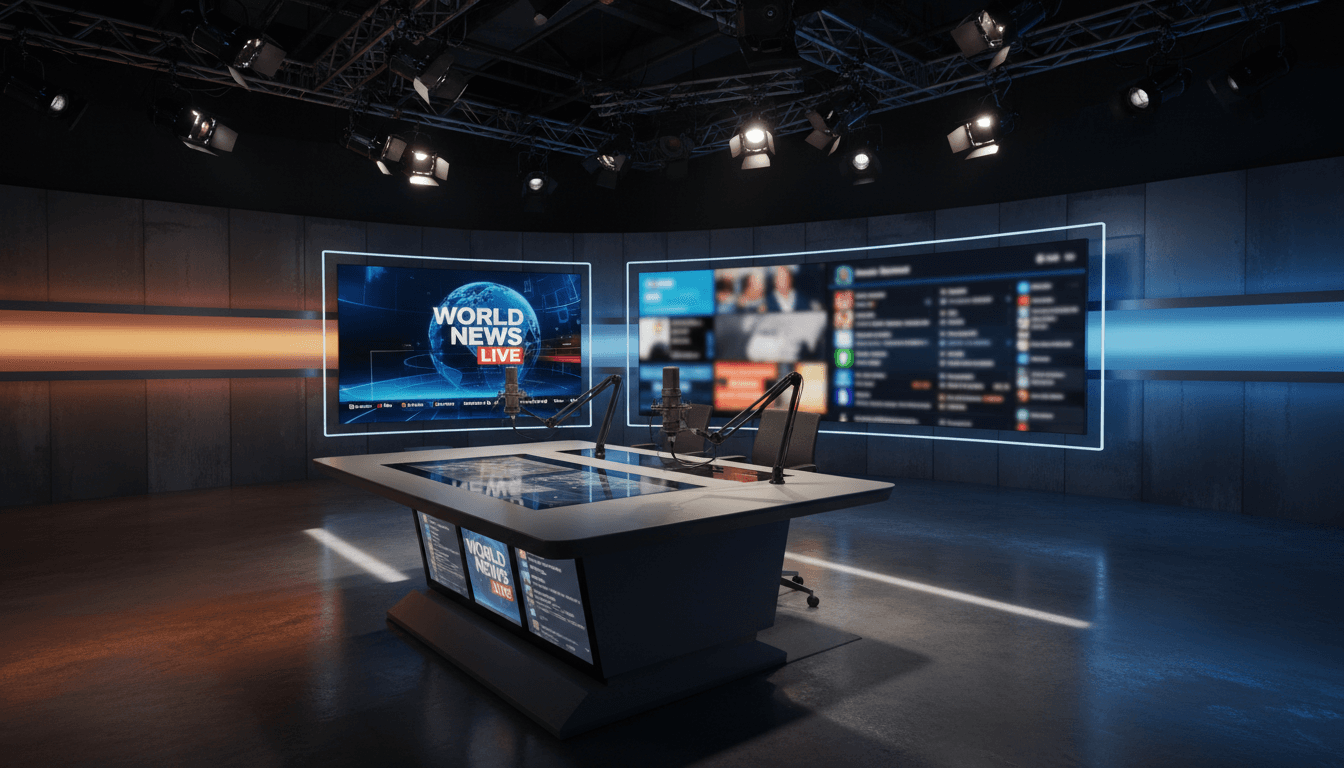 استوديو بث احترافي مع معدات إعلامية حديثة وإضاءة درامية