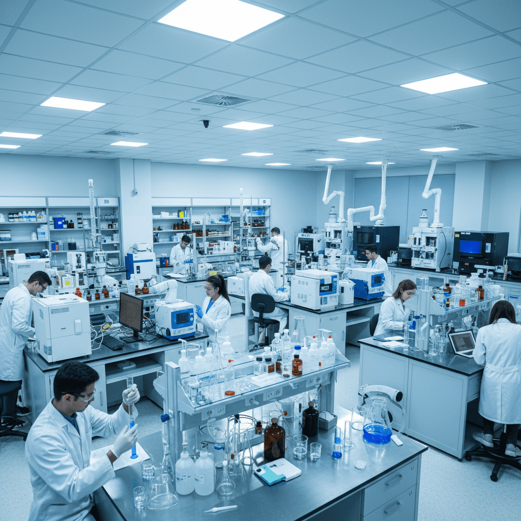 مختبر صيدلة حديث مع طلاب يعملون على التحليلات