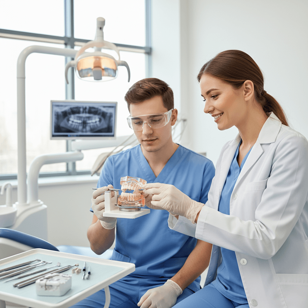 مدرس متخصص يعلم طالباً تقنيات طب الأسنان