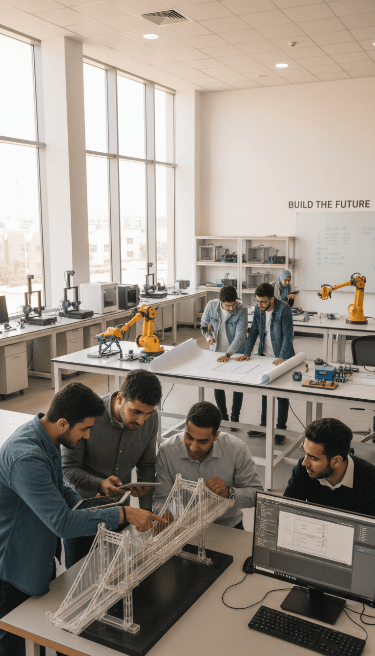 طلاب الهندسة يعملون معا في مختبر الجامعة