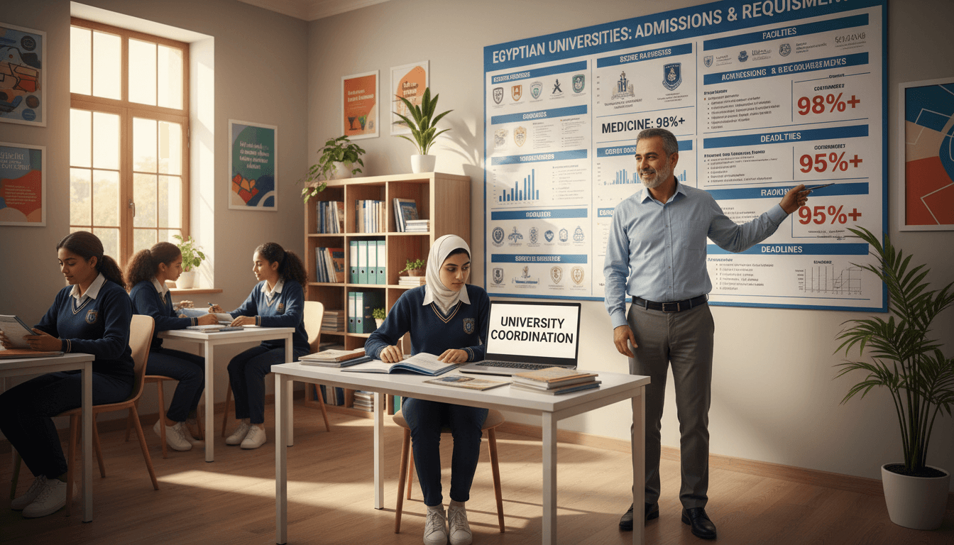 طالب ثانوية يراجع معلومات التنسيق مع مستشار متخصص في مكتب الإرشاد