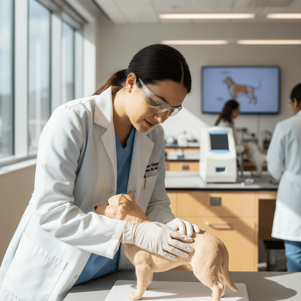 طالب طب بيطري يفحص نموذج حيوان