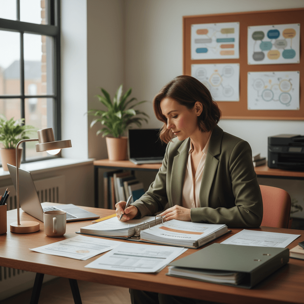 مشرف تربوي يراجع الملفات والتقارير التعليمية