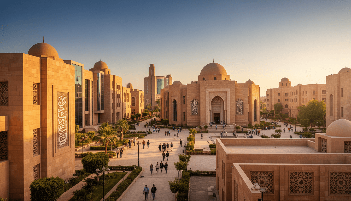 طلاب يمشون عبر حرم جامعي مصري حديث مع مباني معمارية مثيرة للإعجاب