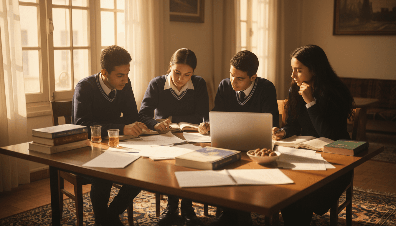 مجموعة من طلاب الثانوية العامة يناقشون خياراتهم الجامعية معاً في بيئة دراسية دافئة وداعمة