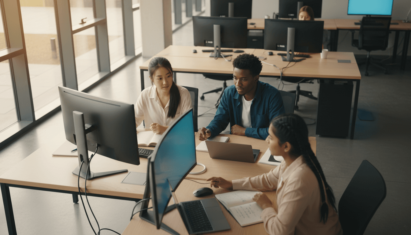 طلاب يعملون معاً على أجهزة الحاسوب في بيئة تعليمية حديثة ومضيئة
