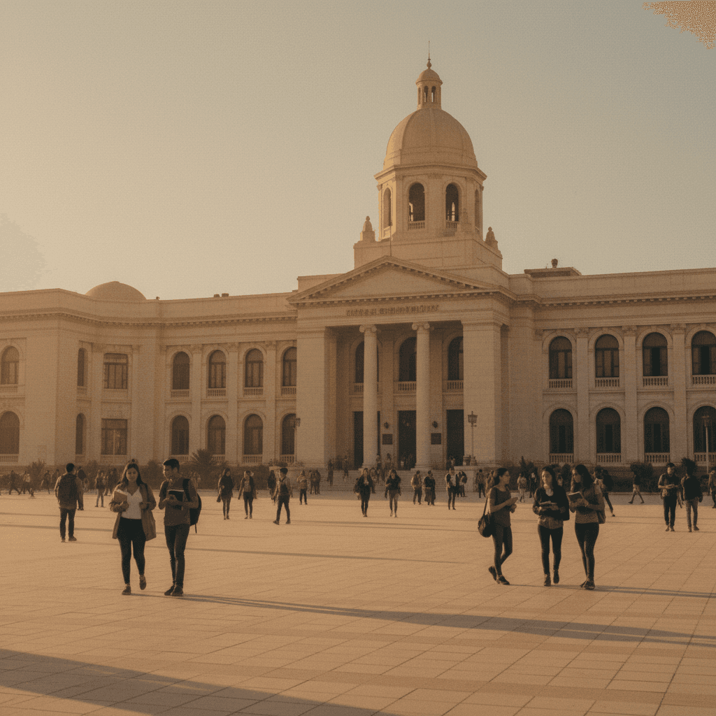 مبنى جامعي مصري تاريخي مع طلاب في الساحة