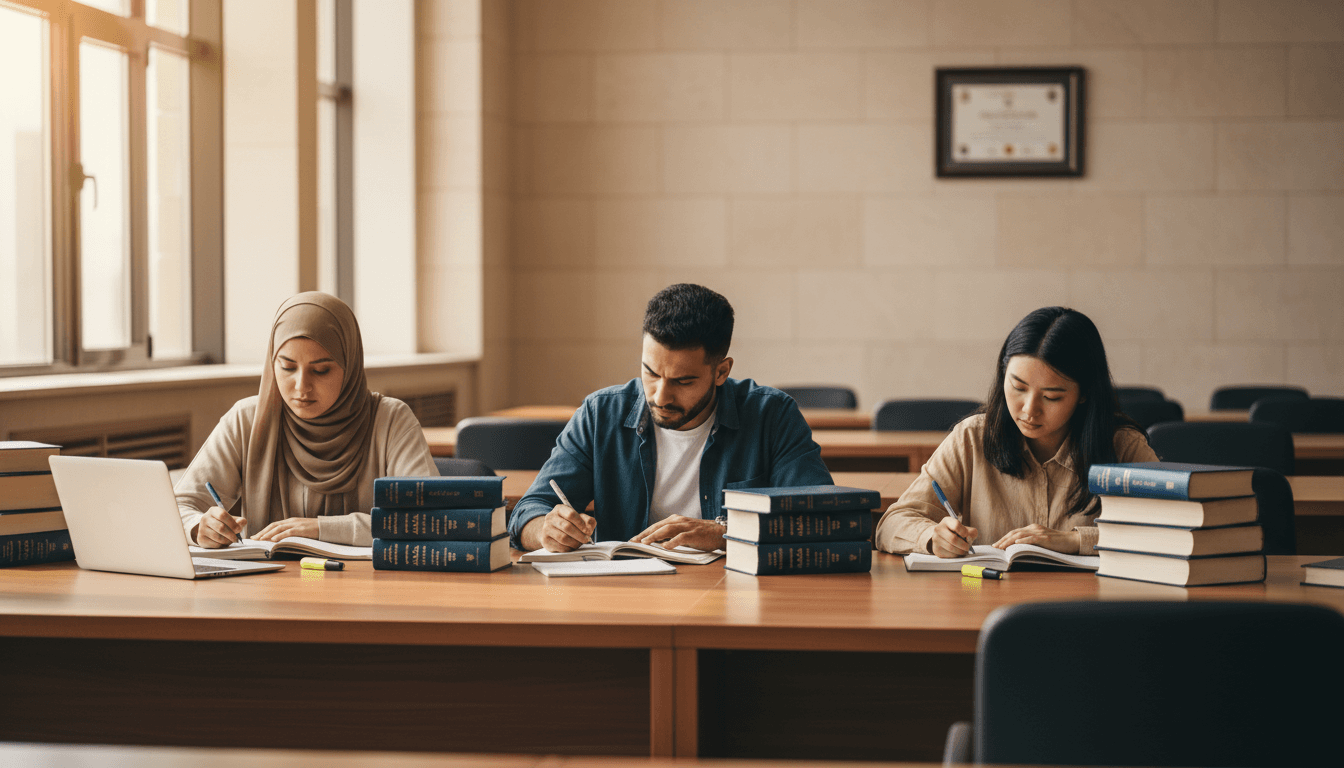 طلاب يدرسون الحقوق في مكتبة جامعية حديثة