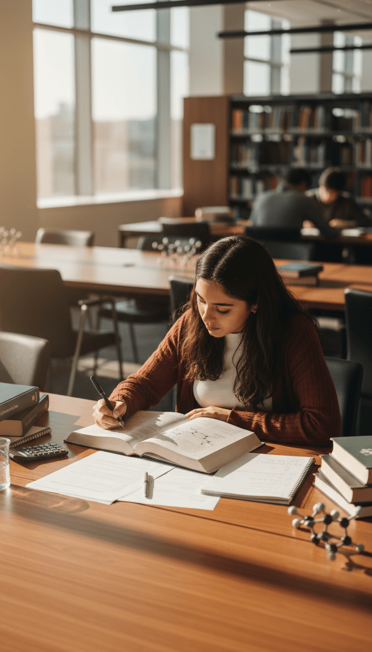 طالبة تدرس الصيدلة في مكتبة الجامعة