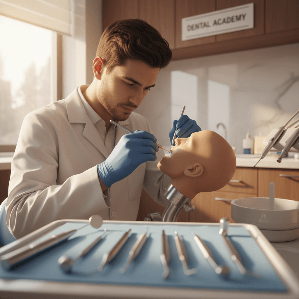 طالب طب أسنان يعمل بدقة على نموذج سني