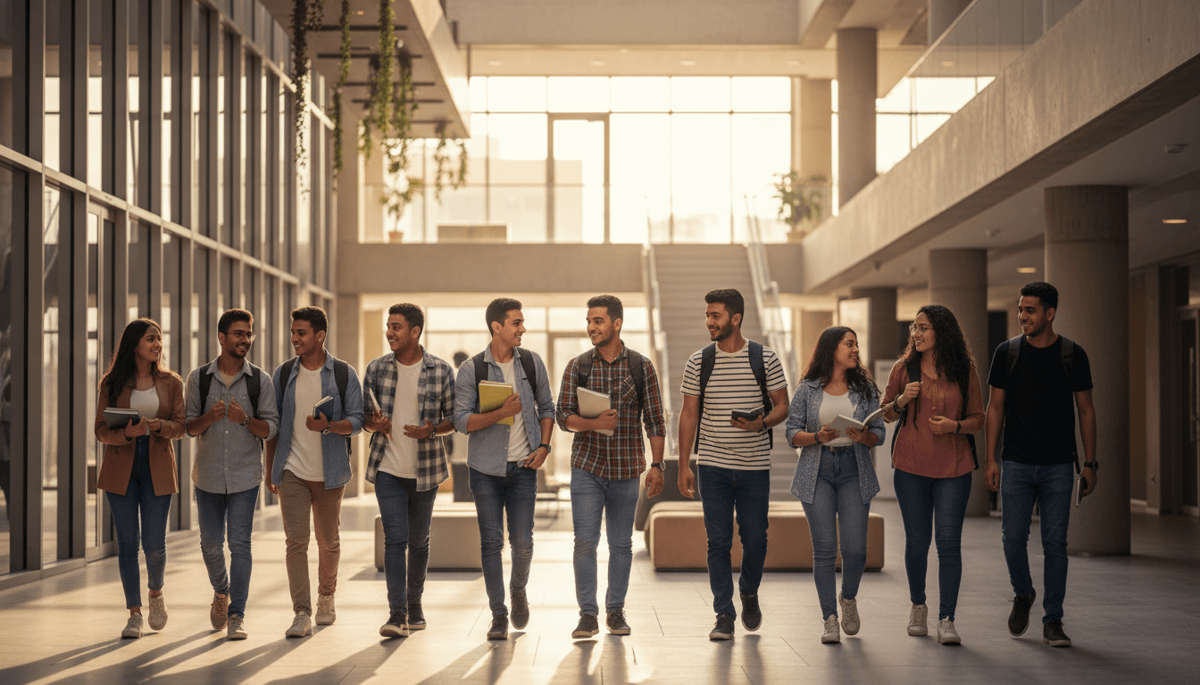 طلاب متنوعون في حرم جامعي حديث يمشون بثقة واستعداد لمستقبلهم التعليمي