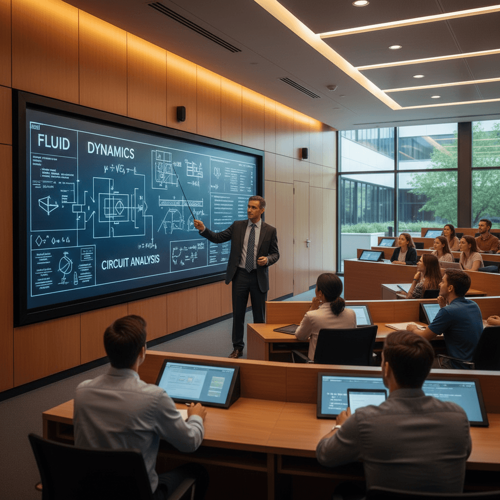 أستاذ جامعي يشرح مادة الهندسة للطلاب
