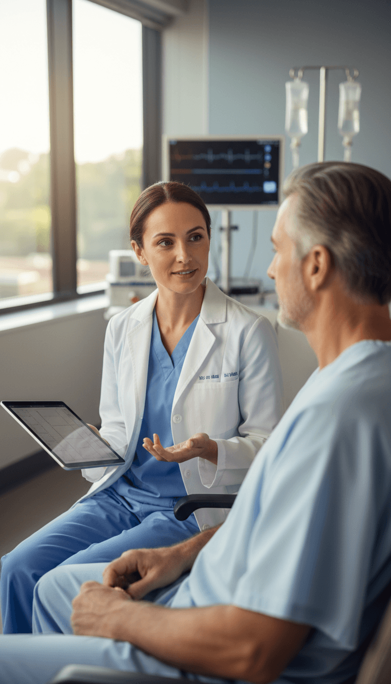 ممرضة متخصصة تتحدث مع المريض أثناء الفحص الطبي في بيئة مستشفى حديثة