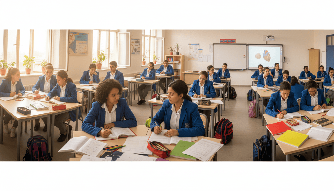 طلاب الثانوية العامة يدرسون معاً في فصل دراسي حديث