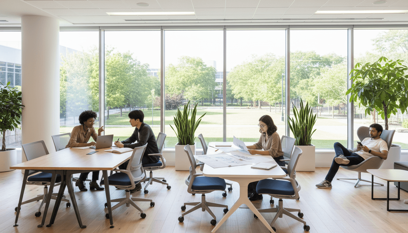 طلاب يدرسون معاً في بيئة تعليمية حديثة ومنظمة