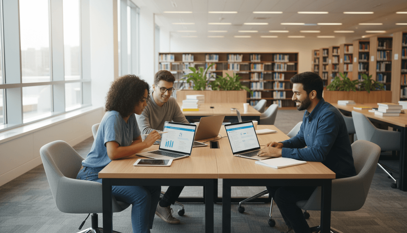 طلاب يدرسون معاً في بيئة دراسية حديثة مضاءة بشكل طبيعي