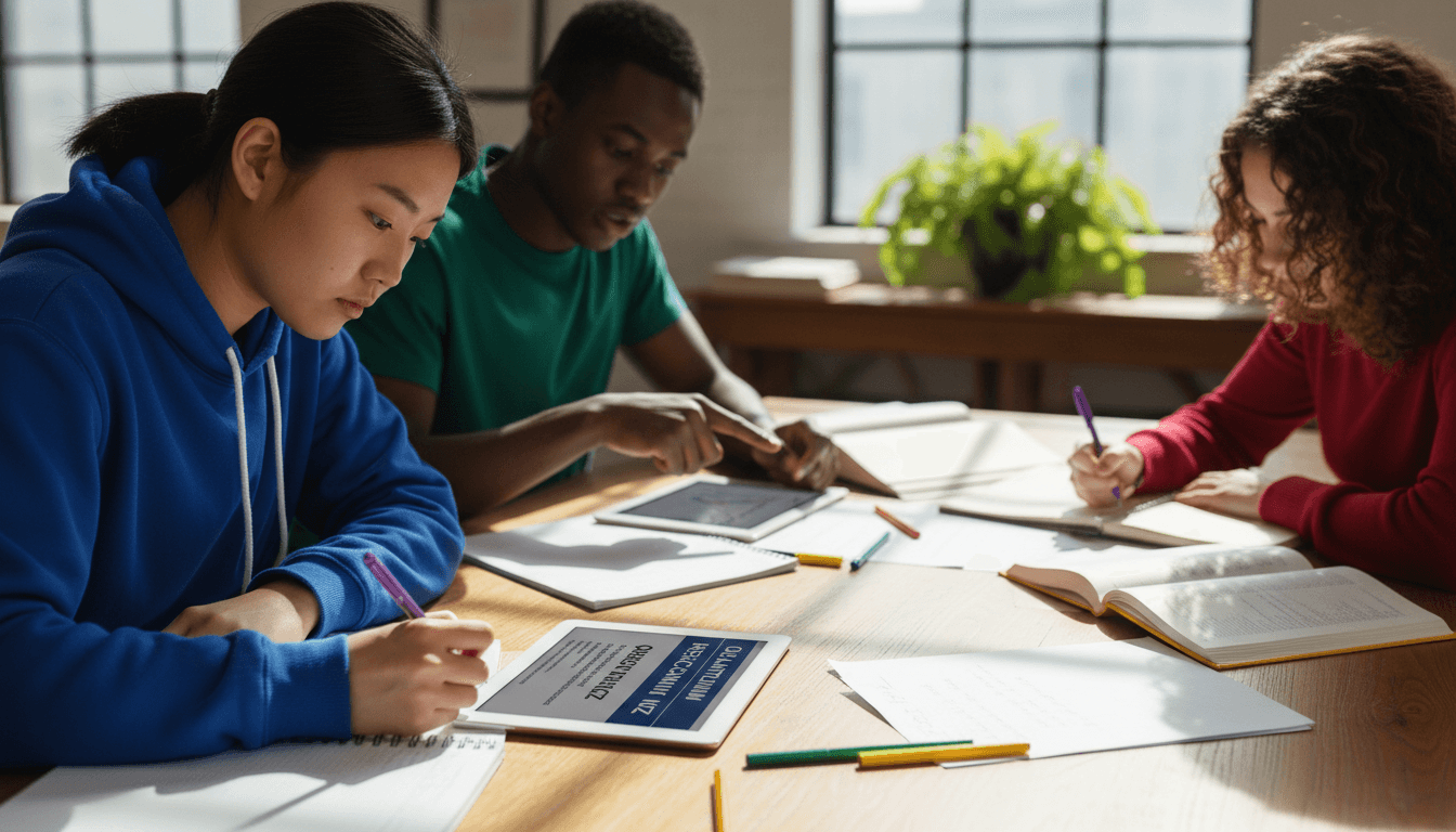 طلاب يعملون معاً على تنسيق ملفاتهم التعليمية